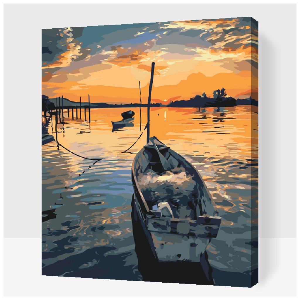 Maľovanie podľa čísiel - Rybárska loďka pri západe slnka