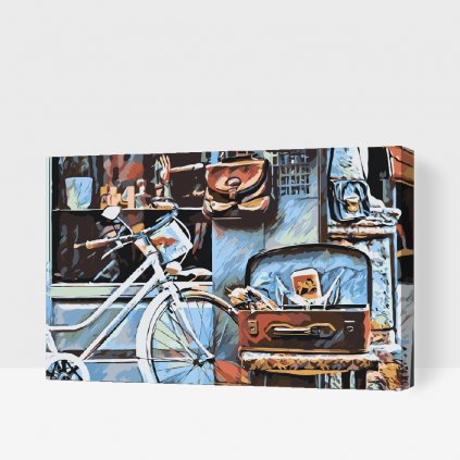 Maľovanie podľa čísiel - Bicykel a kufor plný spomienok (Rám Bez rámu, iba plátno, Veľkosť 40x60)