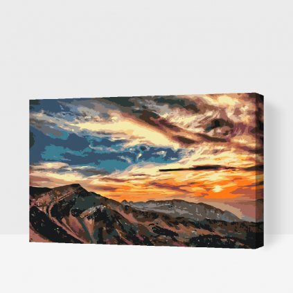 Maľovanie podľa čísiel - Západ slnka nad horami