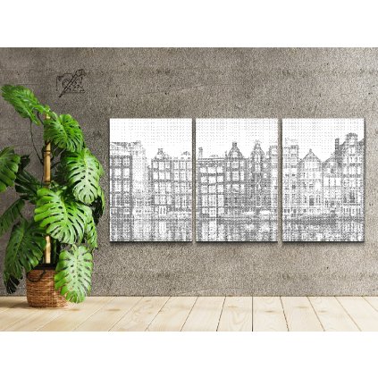 Tečkování - Domy v Amsterdamu 2 (sada 3 ks) (Barva teček Zelená, Rámování Na dřevěné desce, Velikost 3ks 40x60cm)