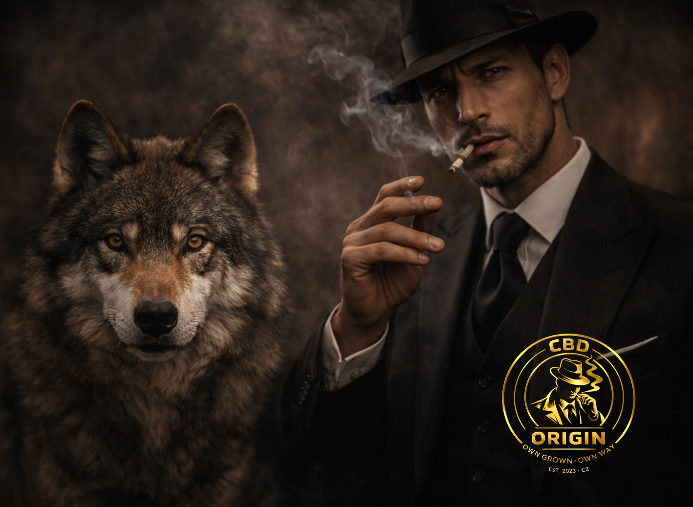 Temný portrét muže v klobouku s kouřem v tlumeném světle, atmosféra klidu a soustředění.