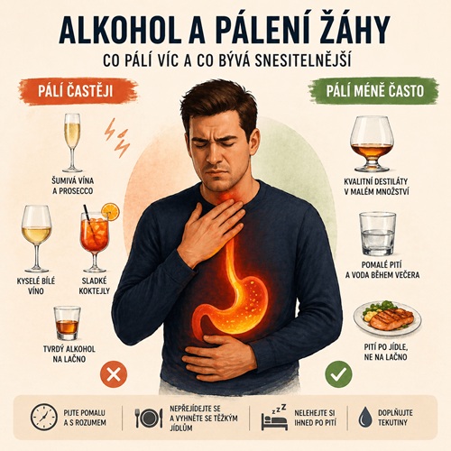 Alkohol a pálení žáhy: po kterém pálí nejvíce a co bývá snesitelnější