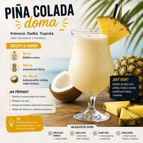 Piña Colada doma: recept, poměr surovin a jaký alkohol vybrat