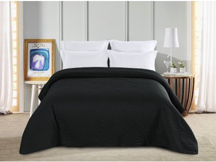Černý přehoz na postel se vzorem LEAVES (Rozmer 170 x 210 cm)