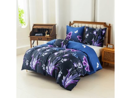 Luxusní povlečení z mikrovlákna VIOLET BUTTERFLY tmavě modré s fialovými motivy