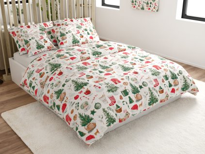 Vánoční bavlněné povlečení MAGIC CHRISTMAS bílé s motivem stromečků