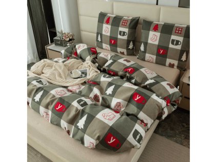 Flanelové povlečení CHRISTMAS SOCKS zelené s kostkou a vánočním vzorem