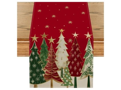 Lněný vánoční běhoun MAGIC TREES 33x180 cm s barevnými stromky