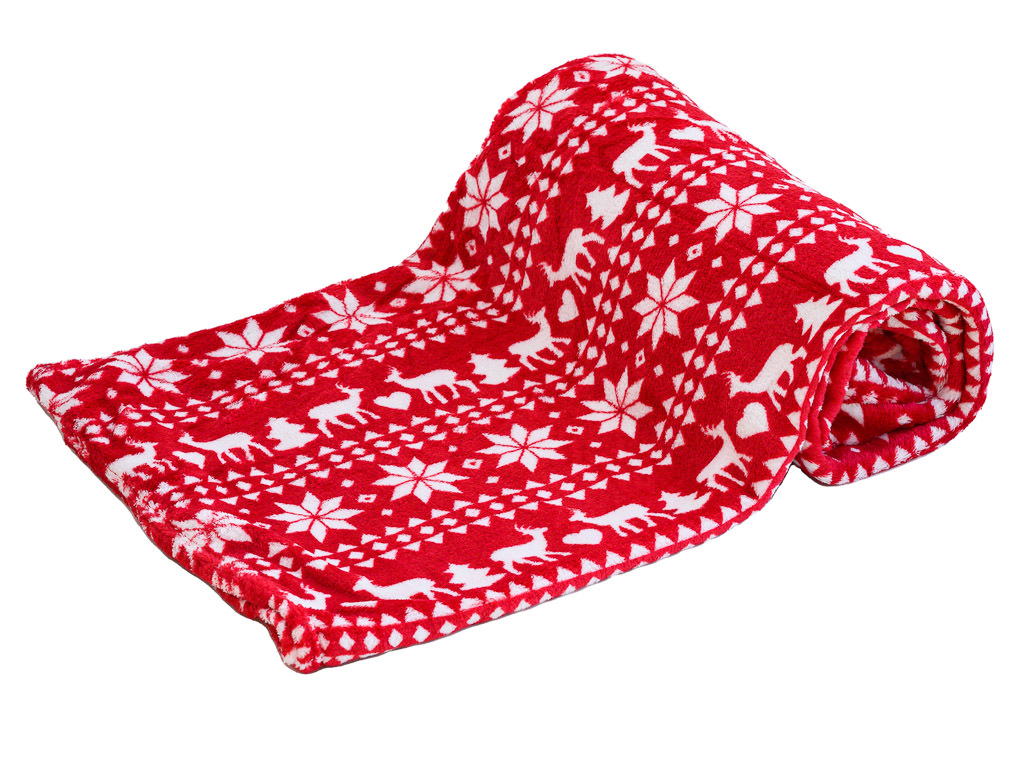 Červená vianočná mikroplyšová deka JELEN A VLOČKA, 180x200 cm