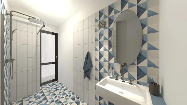 Vizualizace modrobílé koupelny s geometrickými tvary s obklady Deceram PAM Triangle Blue 22,5x22,5