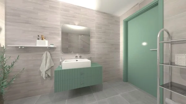 Vizualizace šedozelené koupelny s dlažbou jako beton Cerdisa Metal Design Steel
