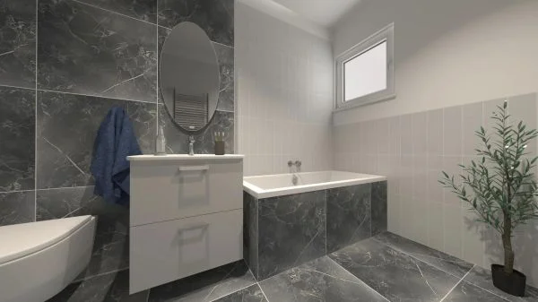 Vizualizace šedobílé koupelny s dlažbou jako mramor ze série Deceram PAM Pulse