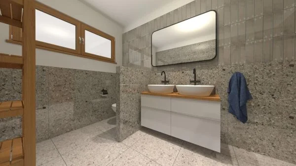 Vizualizace béžové terrazzo koupelny s obklady a dlažbou ze série Prissmacer Beko