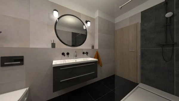 Vizualizace moderní béžovočerné koupelny s obklady ze série Gigacer 6 Concept 1