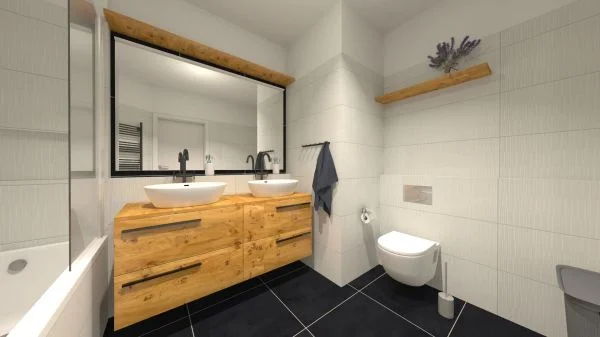 Vizualizace elegantní černobílé koupelny s plastickým obkladem Alaplana Ruano Blanco Mosaic Matt. + Rett. 33,3x90