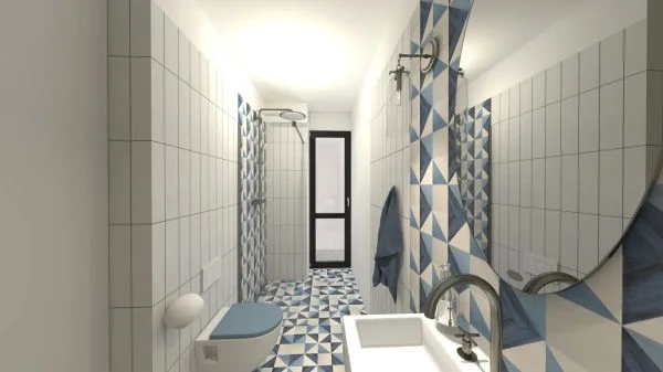 Vizualizace hravé koupelny s modrými obklady a modrou dlažbou Deceram PAM Triangle Blue 22,5x22,5
