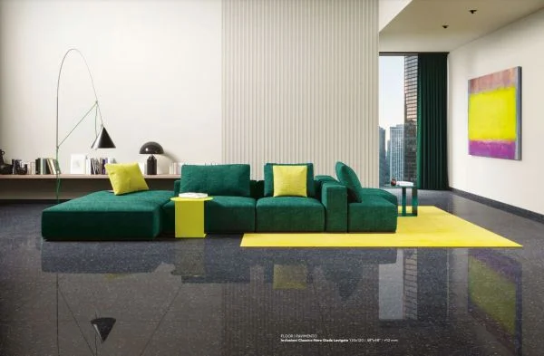 Lesklá dlažba ve vzhledu TERRAZZO Gigacer Inclusioni Classico Nero Giada Lev.