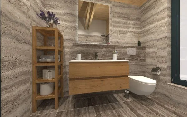 Vizualizace koupelny v roubence - kombinace přírodního dřeva a dlažby v imitaci travertinu ze série Sichenia travertini XL