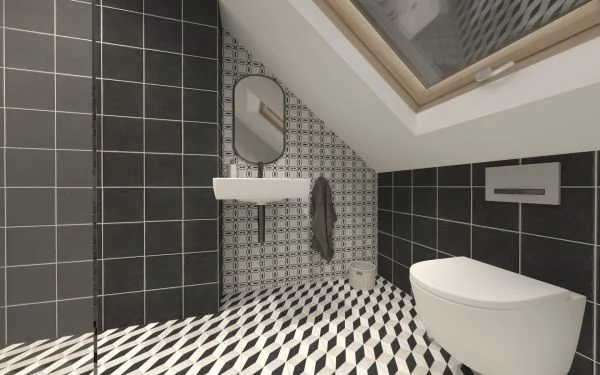 Černobílá podkrovní geometrická koupelna s dažbou a obkladem Paradyz Ceramika Modern