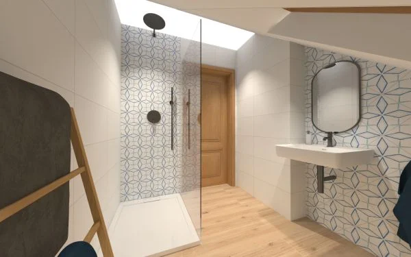 Modrobílá koupelna s geometrickým retro obkladem Bestile Pamesa Harmony Draw Star a dlažbou jako dřevo Sichenia Pakett