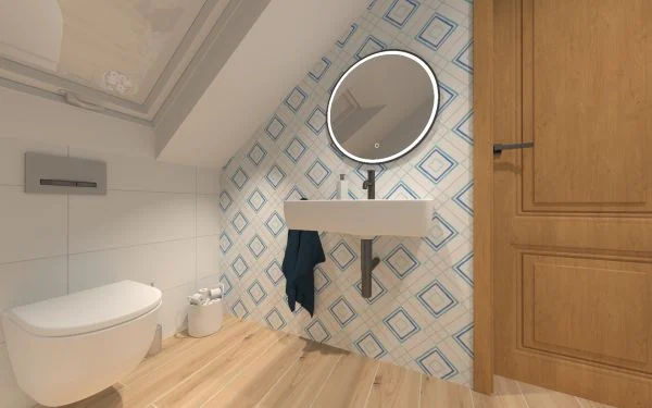 Modrobílá koupelna s geometrickým retro obkladem Bestile Pamesa Harmony Draw Squares a dlažbou jako dřevo Sichenia Pakett