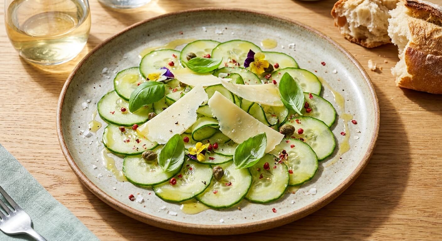 Okurkové carpaccio s parmazánem a bazalkou