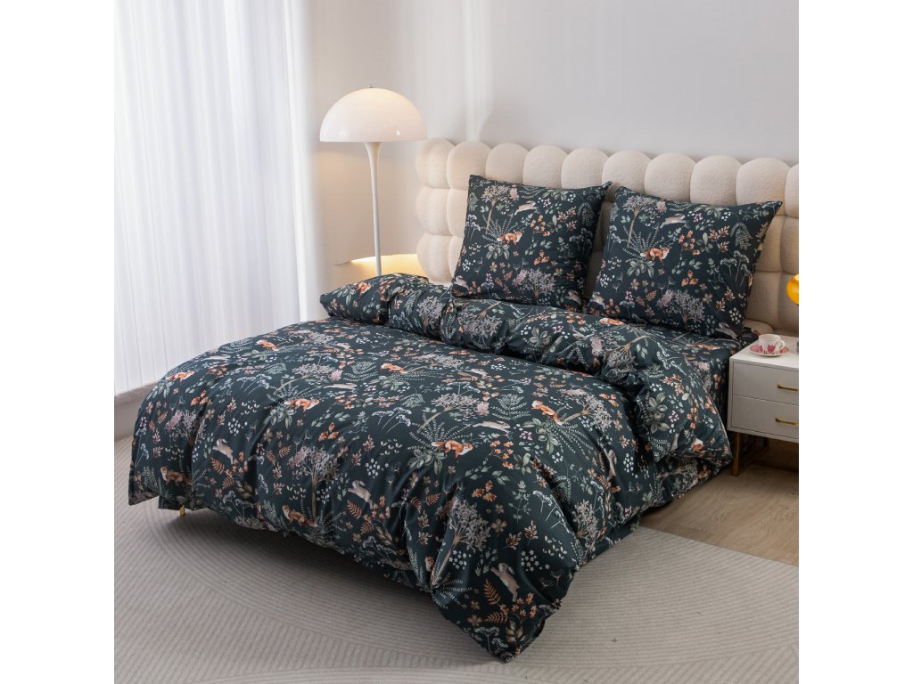 Stylové povlečení z mikrovlákna LIŠKA A ZAJÍC tmavě zelené