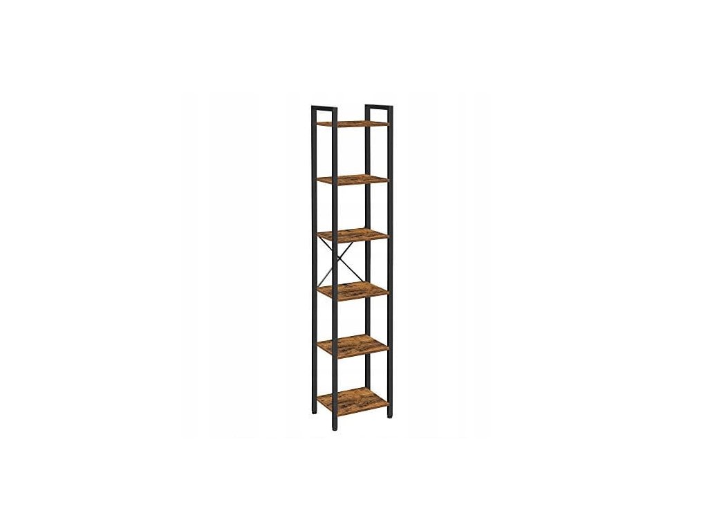 Regál TAYLOR hnědý s černou konstrukcí – Úzký regál se 6 policemi, industriální styl, kov a dřevo, výška 187,5 cm.