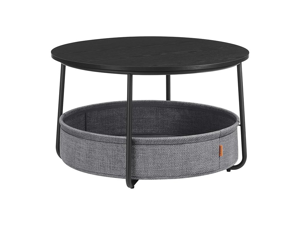 Kulatý konferenční stolek SALMA Ø 75 cm, černá deska, šedý odkládací koš, moderní design pro stylový interiér.