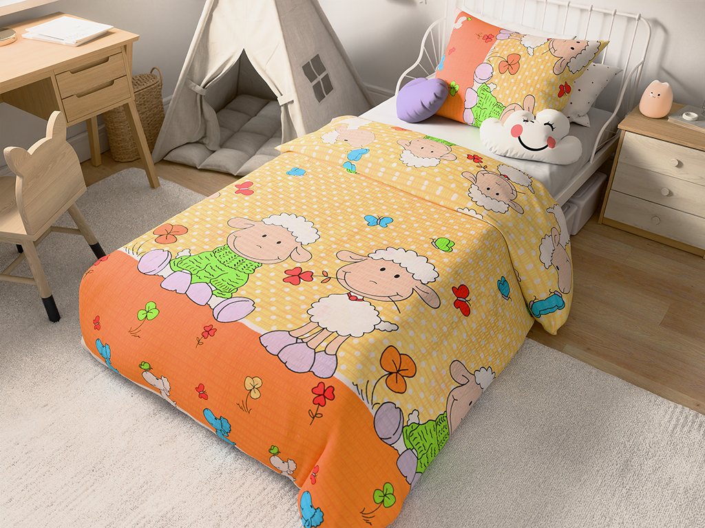 Krepové povlečení do postýlky OVEČKY žluté – roztomilý design
