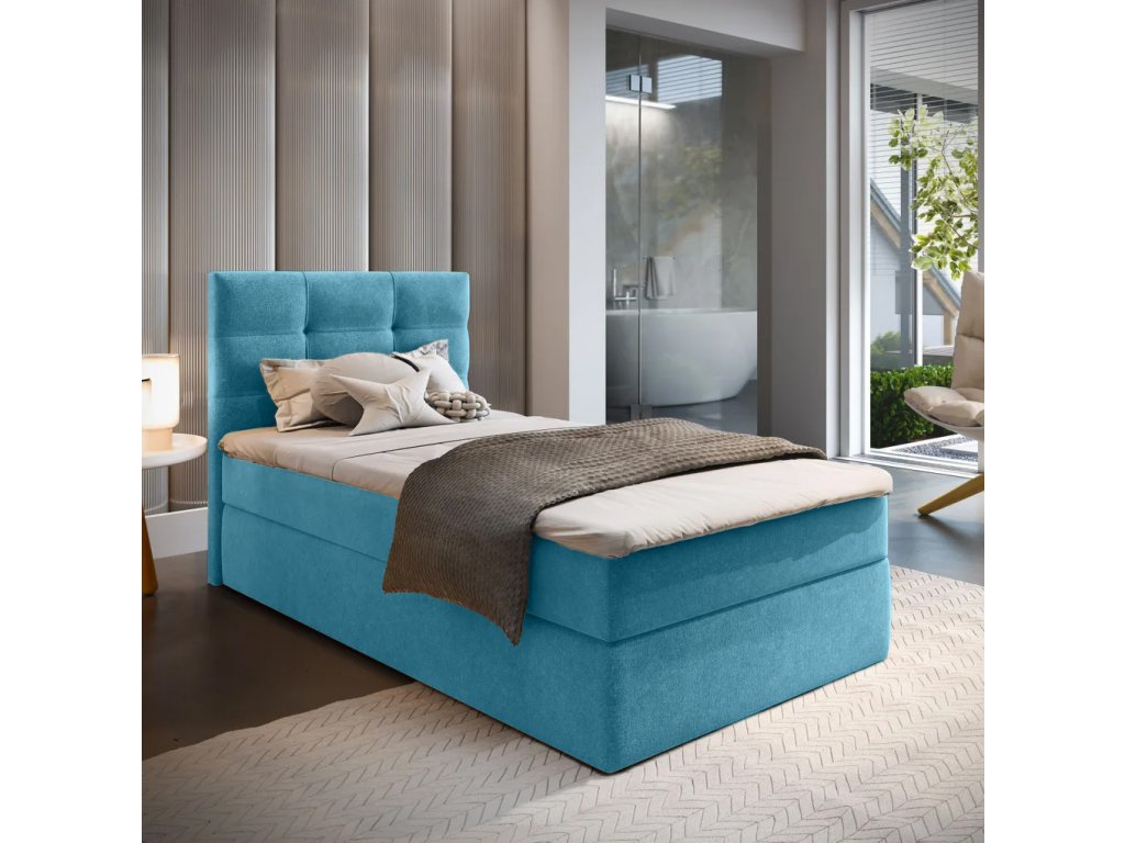 Luxusní čalouněná postel boxspring GLORIEN VELVET 100x200 cm v modré barvě
