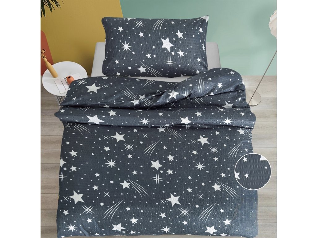 Krepové povlečení NOČNÍ OBLOHA BLEND šedé s hvězdami