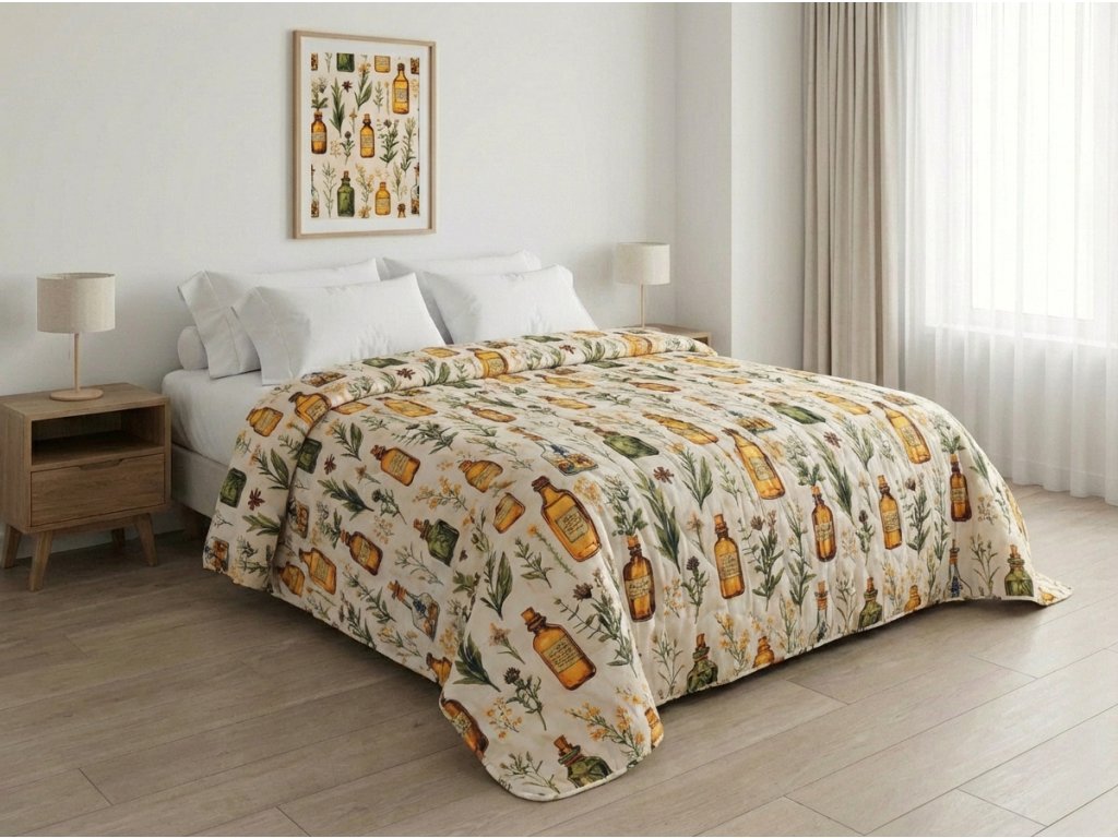 Přehoz na postel APOTHECARY krémový s vintage motivem