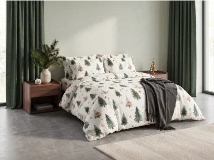 Bavlněné povlečení CHRISTMAS FOREST barevné s vánočními stromky a hvězdičkami