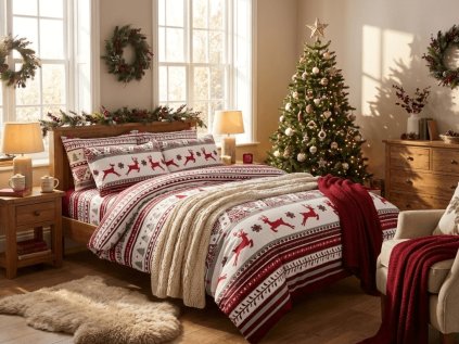 Vánoční povlečení JELEN A VLOČKA červené z mikrovlákna v rustikálním stylu