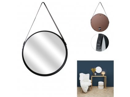Černé kulaté zrcadlo s koženou rukojetí NAHAD Ø50 cm