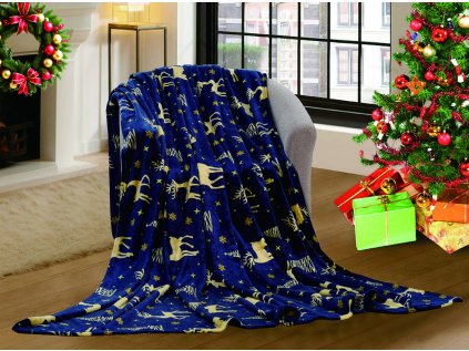 Tmavě modrá vánoční mikroplyšová deka GOLDEN DEER