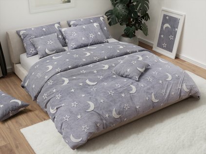 Svítící mikroplyšové povlečení BIG MOON šedé s motivem měsíce