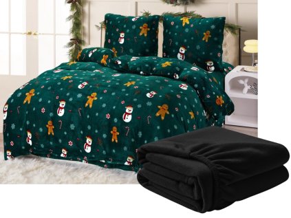 Povlečení mikroplyš SNĚHULÁK A PERNÍČEK zelené + černé prostěradlo SOFT 90x200