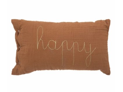 Dekorační polštářek HAPPY, hnědý, 50x30 cm, z jemné bavlněné gázy. Skvělý doplněk pro skandinávský styl dětského pokoje.