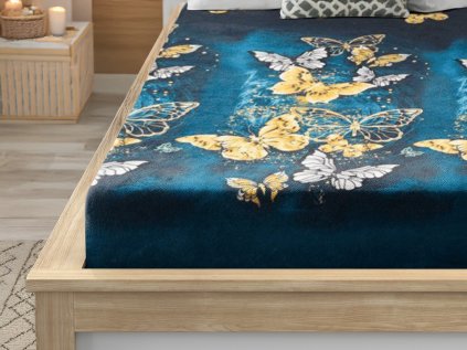 Prostěradlo mikroplyš ZLATÝ A BÍLÝ MOTÝL 90x200 cm tmavě zelené pro jednolůžko
