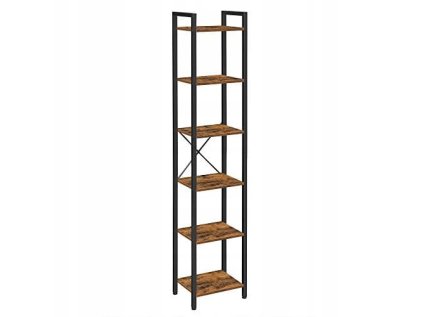 Regál TAYLOR hnědý s černou konstrukcí – Úzký regál se 6 policemi, industriální styl, kov a dřevo, výška 187,5 cm.