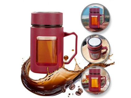 Termohrnek s rukojetí, skleněný v červené barvě, 500 ml