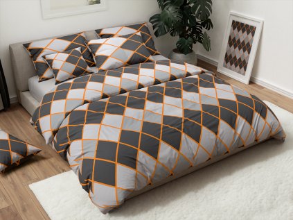 Povlečení z Renforcé bavlny KARY šedé s výrazným oranžovým mřížkovým vzorem