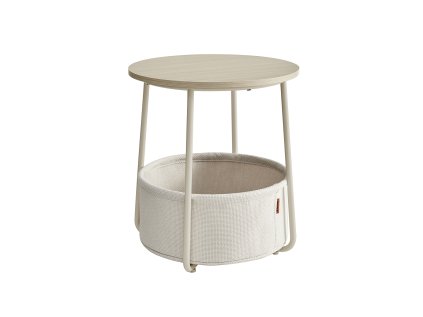 Krémový příruční stolek SALMA Ø 45 cm s odkládacím košem, skandinávský styl a praktický úložný prostor.