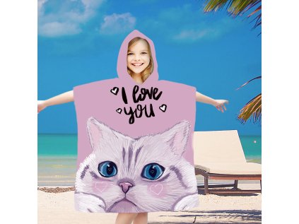 Dětské plážové pončo CAT LOVE růžové 60x90 cm