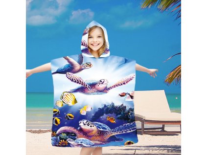Dětské plážové pončo OCEAN WORLD modré 60x120 cm