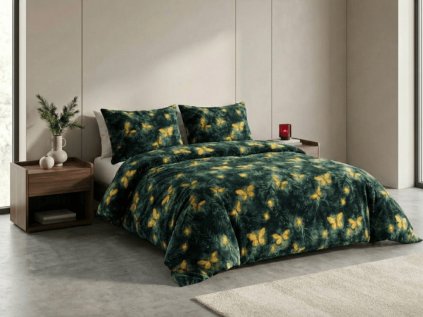 Mikroplyšové povlečení YELLOW BUTTERFLY tmavě zelené