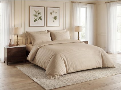 Hotelové povlečení JASMINE PURE světle hnědé s proužkem 1 cm a kapsou