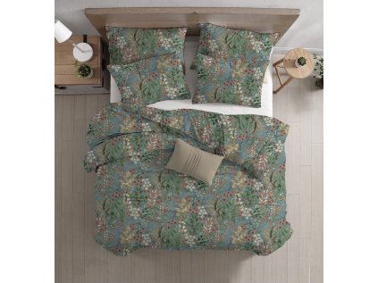 Zelené povlečení z Renforcé bavlny LUNARIA s květinovým vzorem